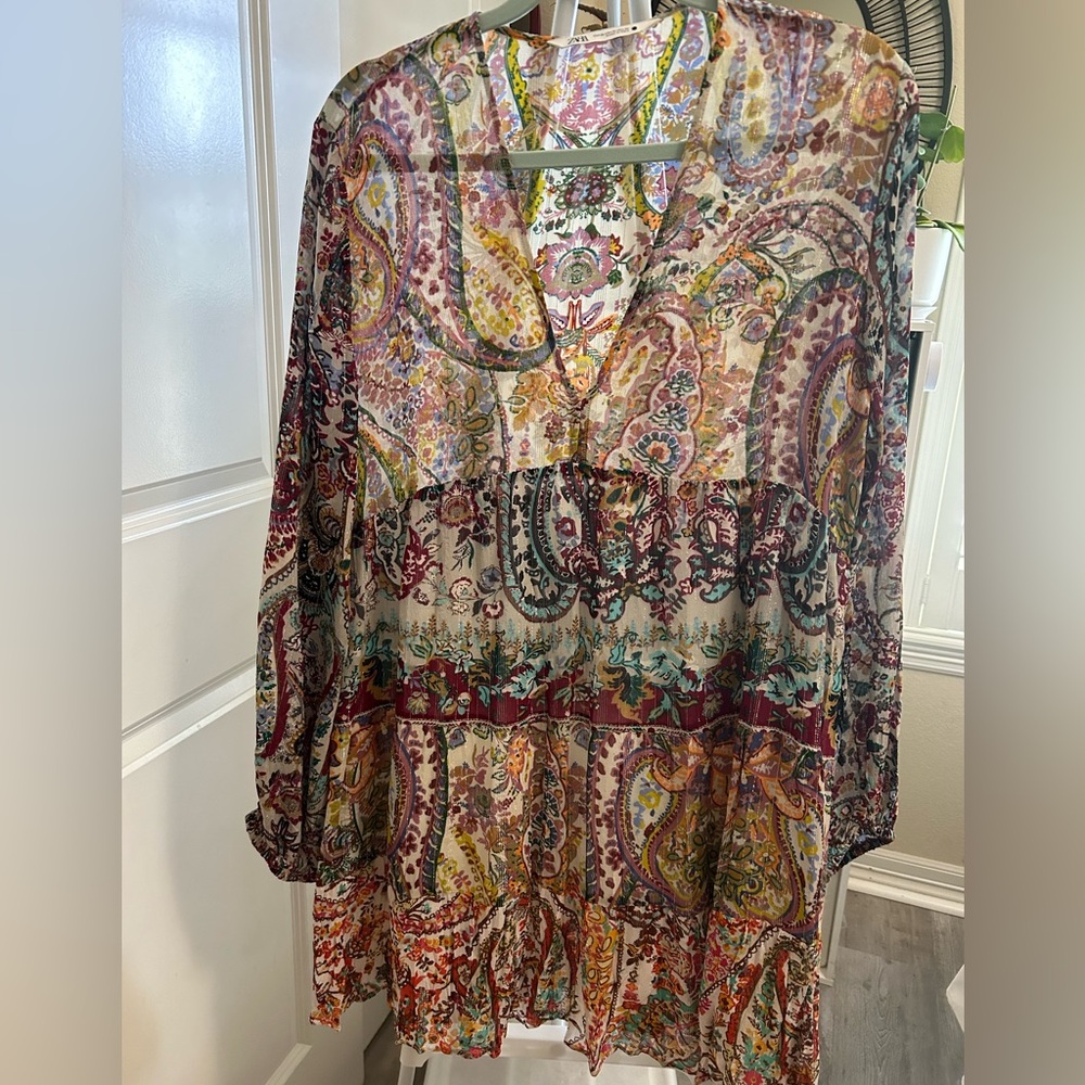 Zara printed sheer tiered dress. Deep V neck, Size XL.
